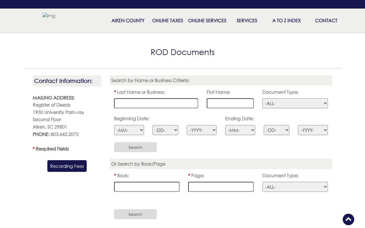 North Augusta residents directory Aiken ROD document search form